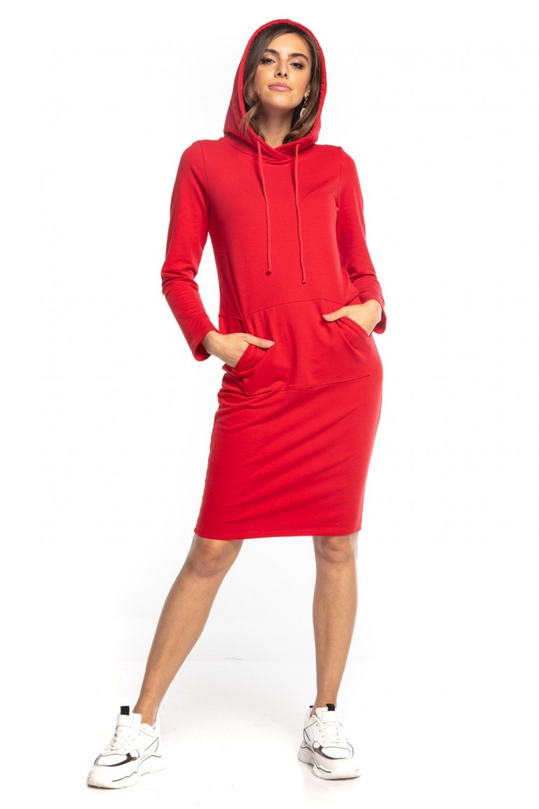 CM7417 Dresowa sukienka midi z kapturem - czerwona