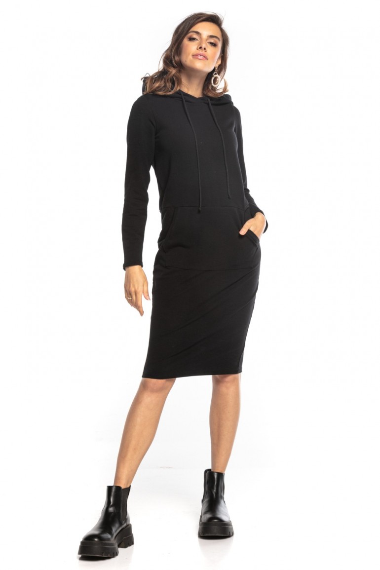CM7417 Dresowa sukienka midi z kapturem - czarna