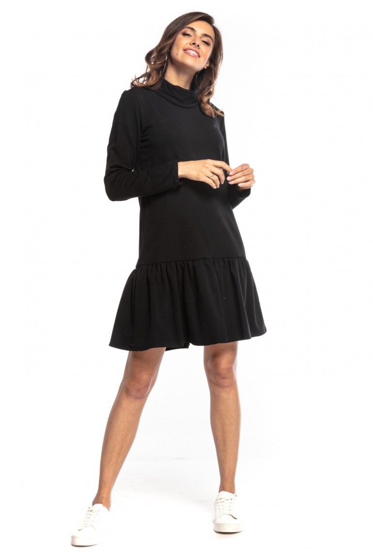 CM7418 Luźna sukienka dresowa z falbaną na dole - czarna