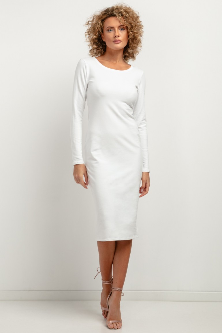 CM7434 Prosta sukienka midi z długim rękawem - biała