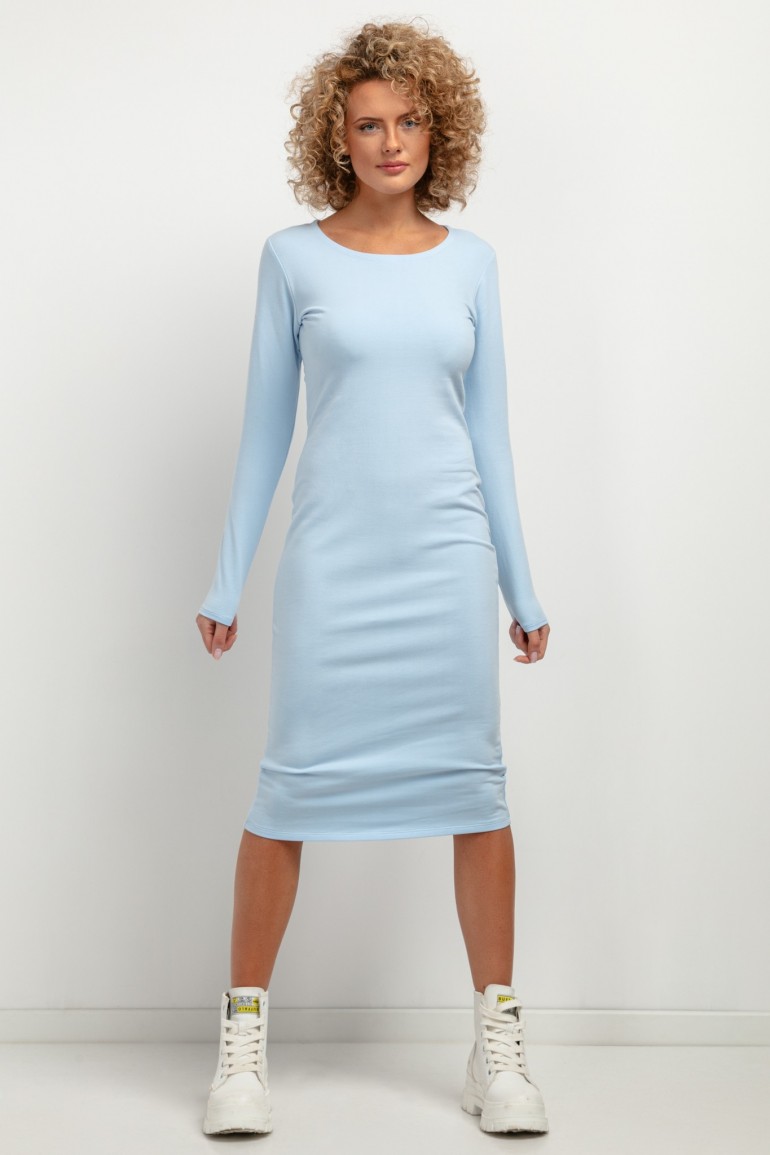 CM7434 Prosta sukienka midi z długim rękawem - jasnoniebieska
