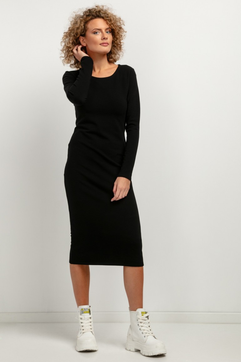 CM7434 Prosta sukienka midi z długim rękawem - czarna