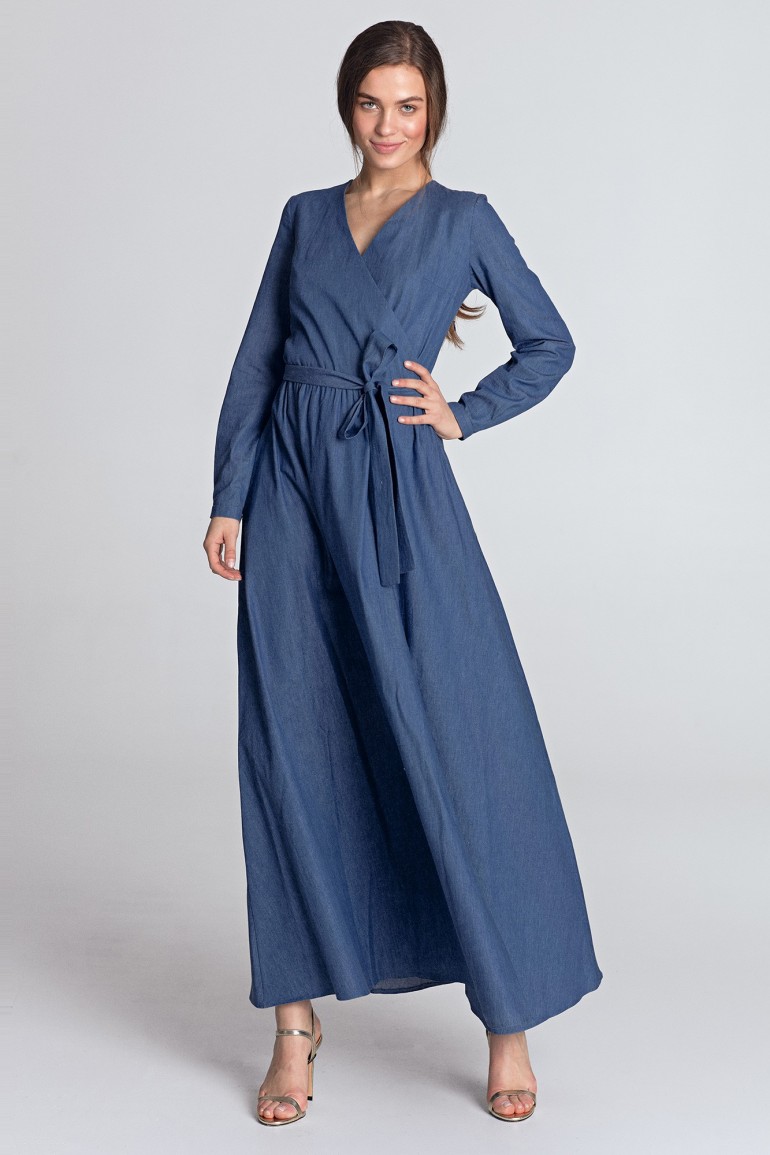 CM4395 Sukienka maxi z kopertowym dekoltem - jeansowa